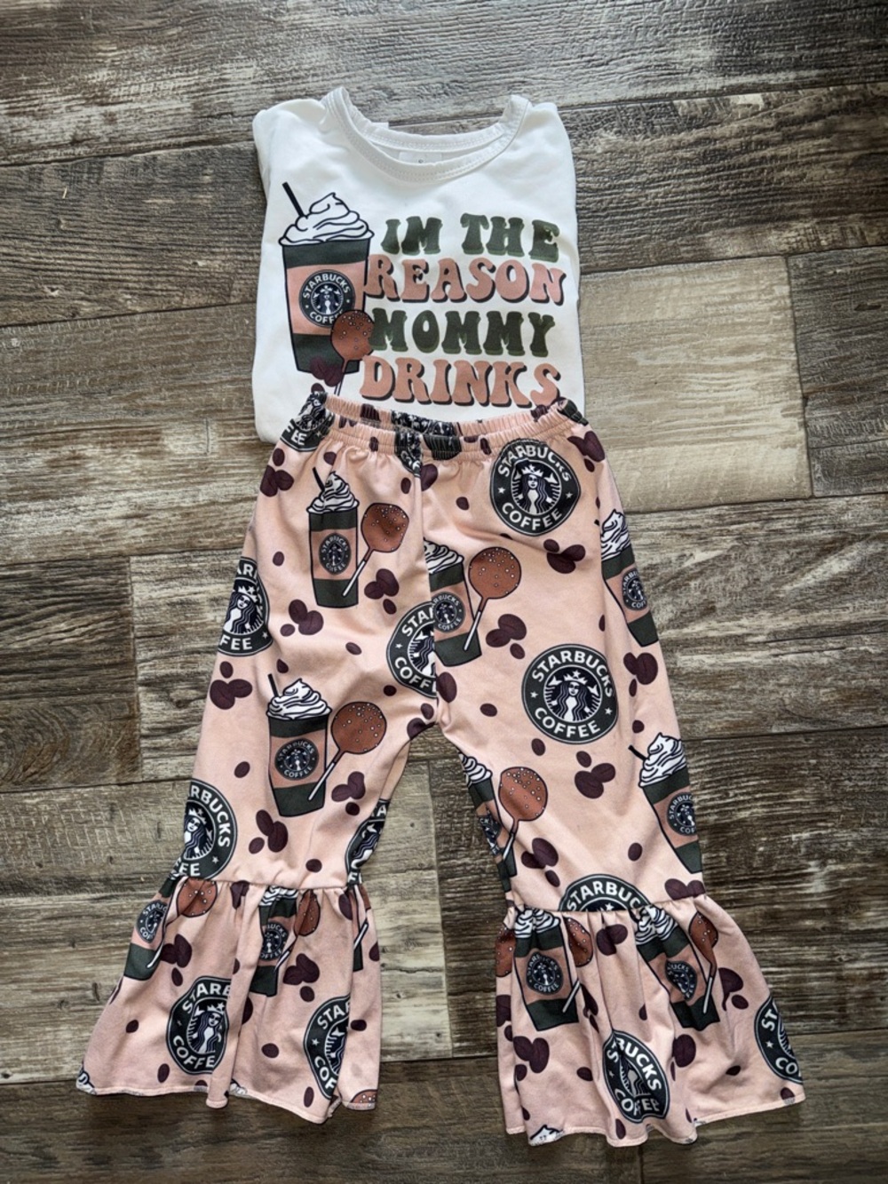 White & Blush Coffee Graphic Ruffle Pant Set